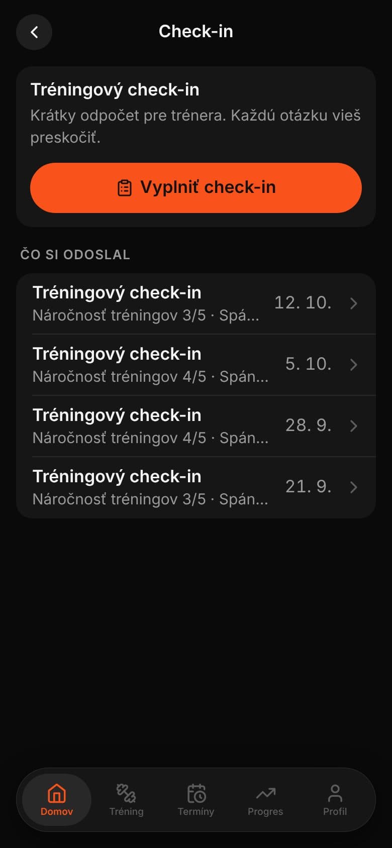 Obrazovka Check‑in v klientskej appke s tlačidlom Vyplniť check‑in a odoslanými check‑inmi