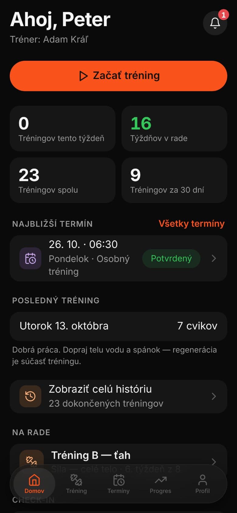 Klientska appka: Domov klienta s tlačidlom Začať tréning a najbližšími termínmi