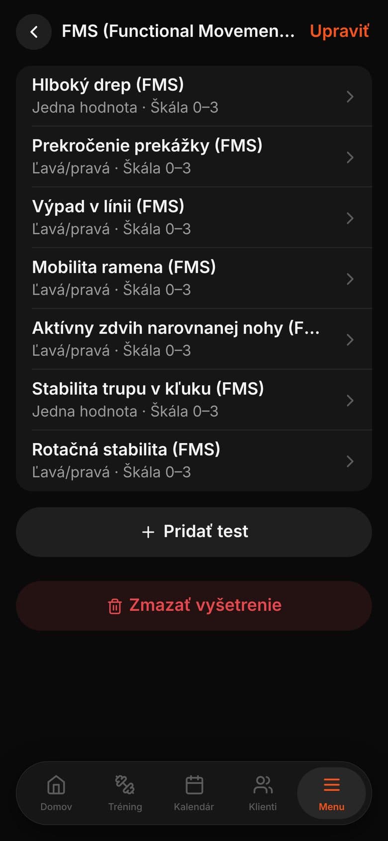 Vyšetrenie FMS so siedmimi testami a škálou 0 až 3