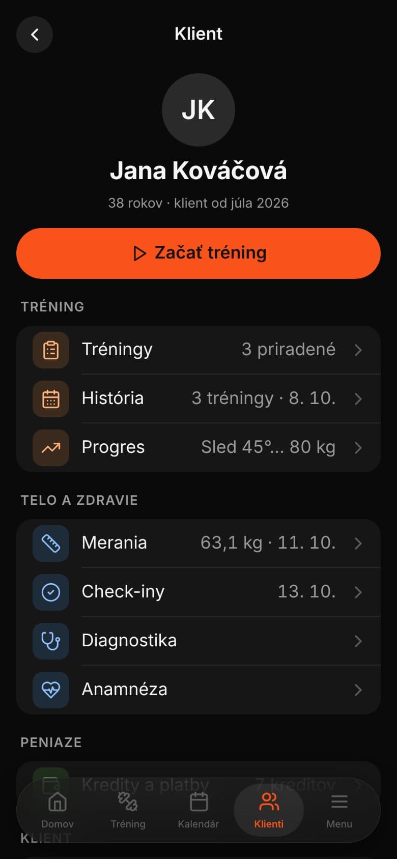 Karta klienta s riadkami Tréningy, História, Progres, Merania a Check‑iny