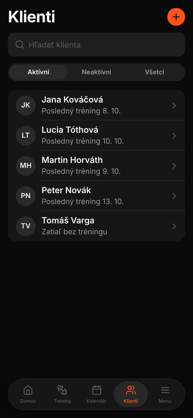 Zoznam klientov v trénerskej appke