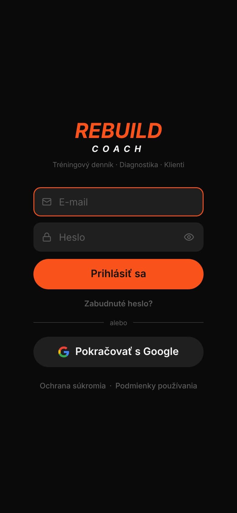 Prihlasovacia stránka s poľami E‑mail a Heslo, tlačidlom Prihlásiť sa a odkazom Zabudnuté heslo