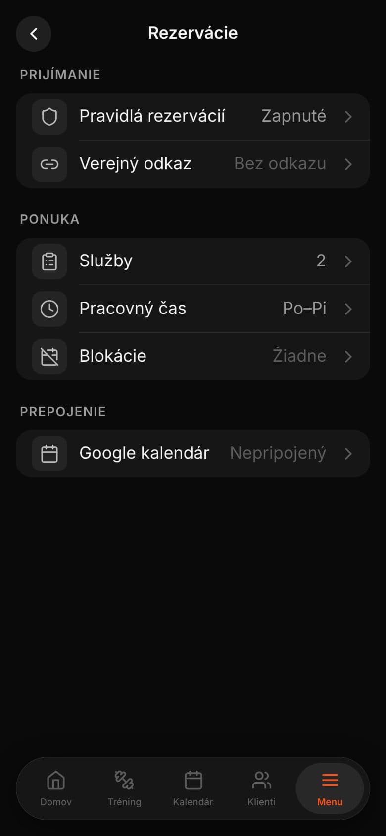 Nastavenie rezervácií: pravidlá, verejný odkaz, služby, pracovný čas, blokácie, Google kalendár