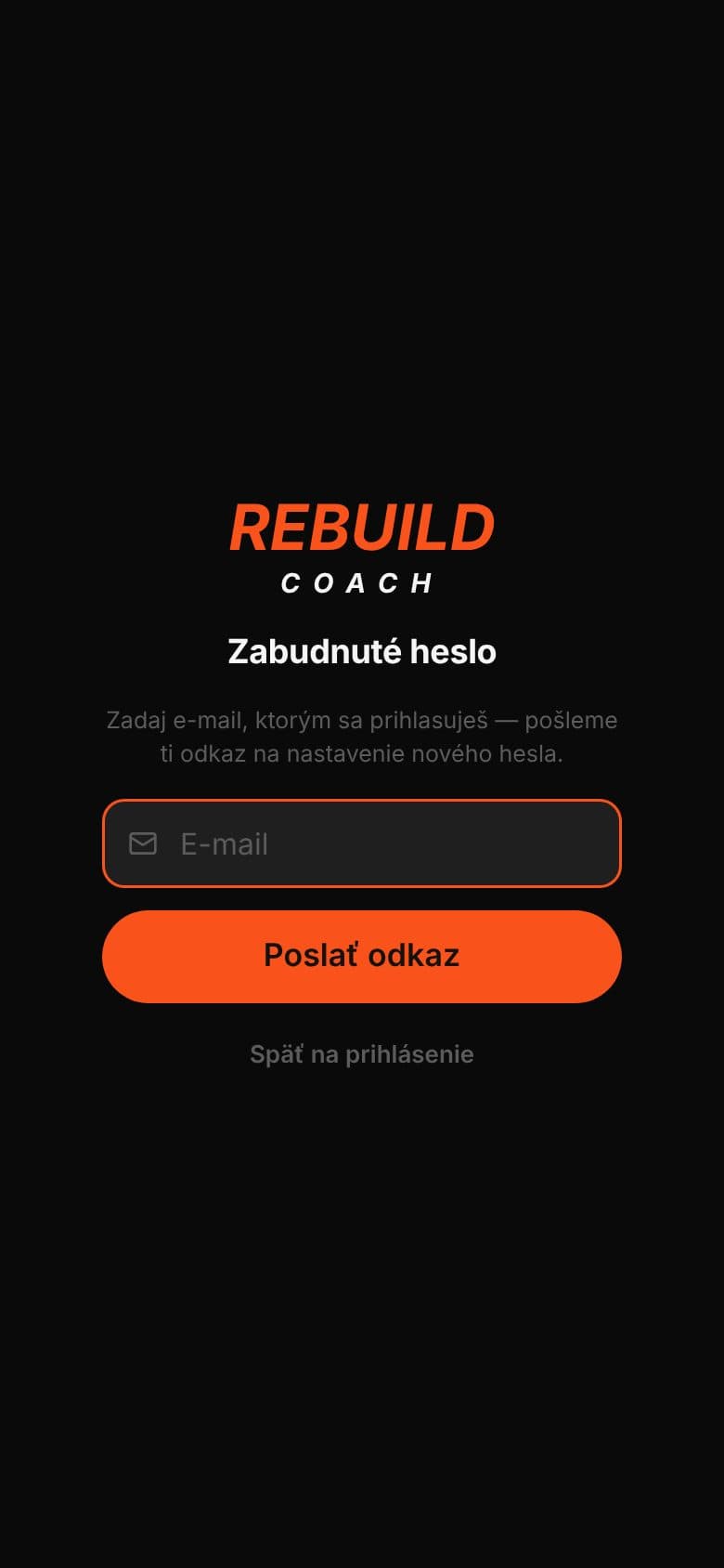 Stránka Zabudnuté heslo s poľom E‑mail a tlačidlom Poslať odkaz