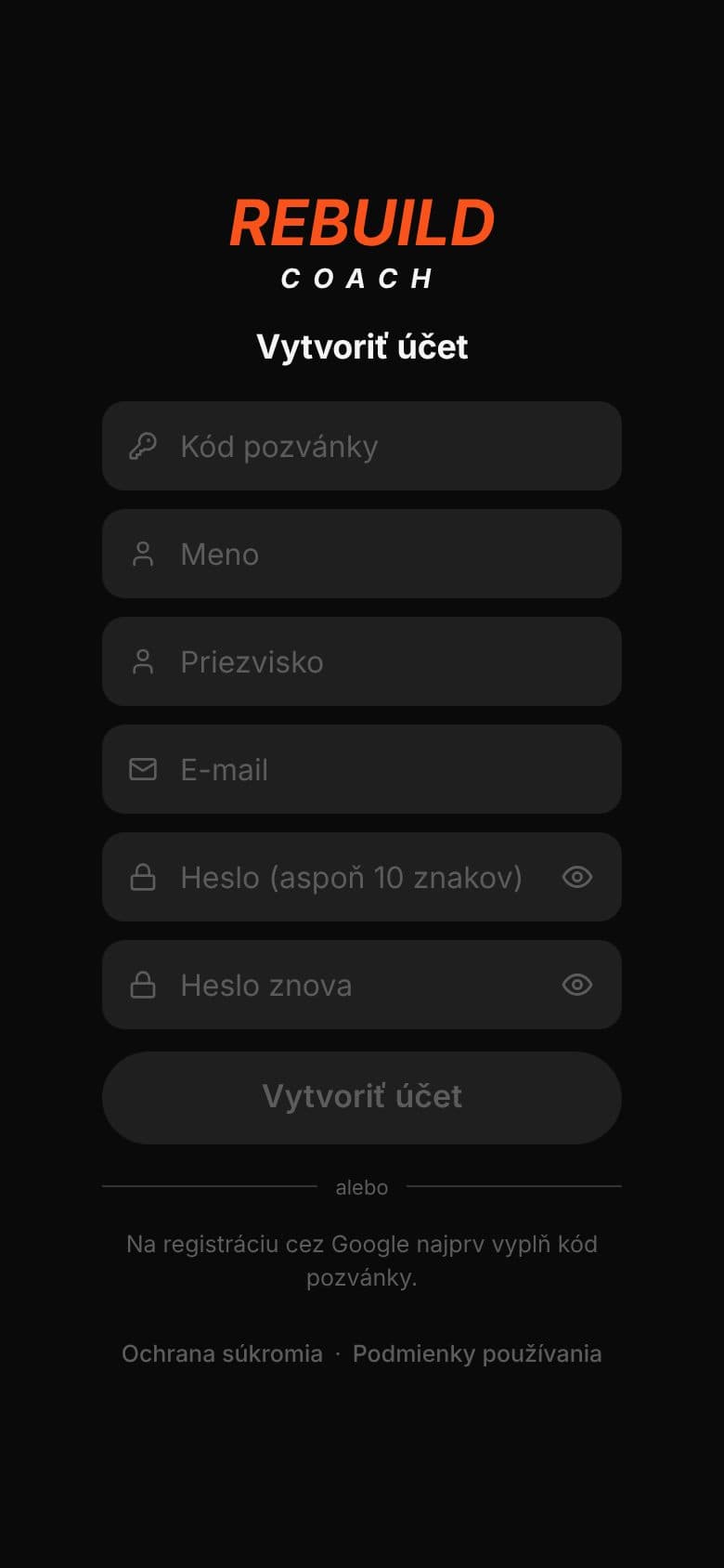 Stránka Vytvoriť účet, na ktorú vedie odkaz s pozvánkou